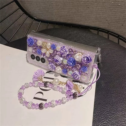 For Samsung Galaxy Z Fold4 5G Case Faux Pearl Decor Rhinestone Flower Hard PC Phone Cover with Bracelet