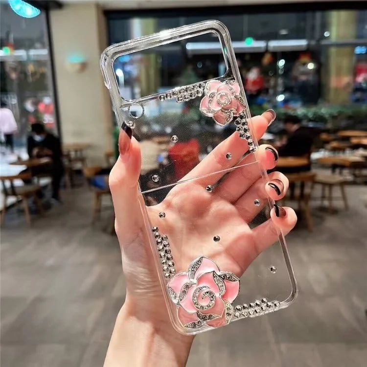 For Samsung Galaxy Z Flip3 5G Case PC Phone Back Cover Camellia Rhinestone Design