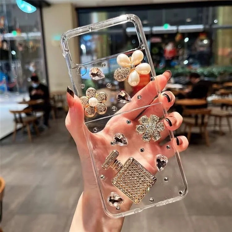 For Samsung Galaxy Z Flip3 5G Cell Phone Case Perfume Bottle Camellia Rhinestone Decor PC Cover