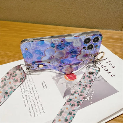 For iPhone 14 Pro Case Wristband Kickstand PC+TPU Epoxy Phone Cover with Lanyard