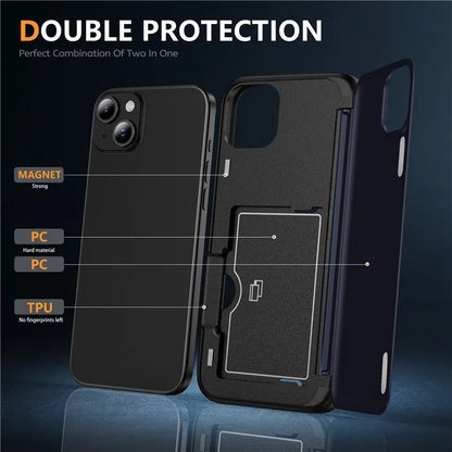 For iPhone 15 TPU+PC Case with Card Slot Flip Kickstand Drop Proof Phone Cover