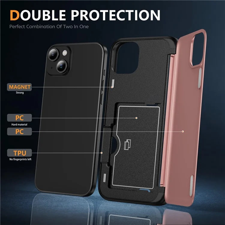 For iPhone 15 TPU+PC Case with Card Slot Flip Kickstand Drop Proof Phone Cover