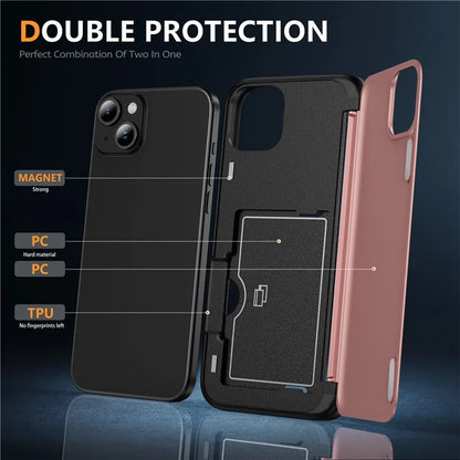 For iPhone 15 TPU+PC Case with Card Slot Flip Kickstand Drop Proof Phone Cover