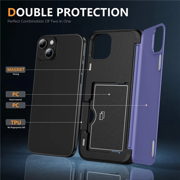 For iPhone 15 TPU+PC Case with Card Slot Flip Kickstand Drop Proof Phone Cover