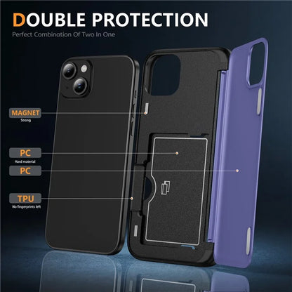 For iPhone 15 TPU+PC Case with Card Slot Flip Kickstand Drop Proof Phone Cover