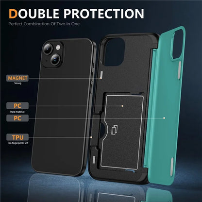 For iPhone 15 TPU+PC Case with Card Slot Flip Kickstand Drop Proof Phone Cover