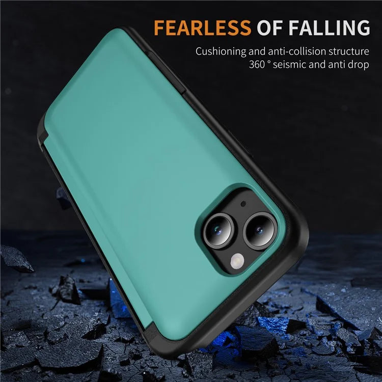 For iPhone 15 TPU+PC Case with Card Slot Flip Kickstand Drop Proof Phone Cover