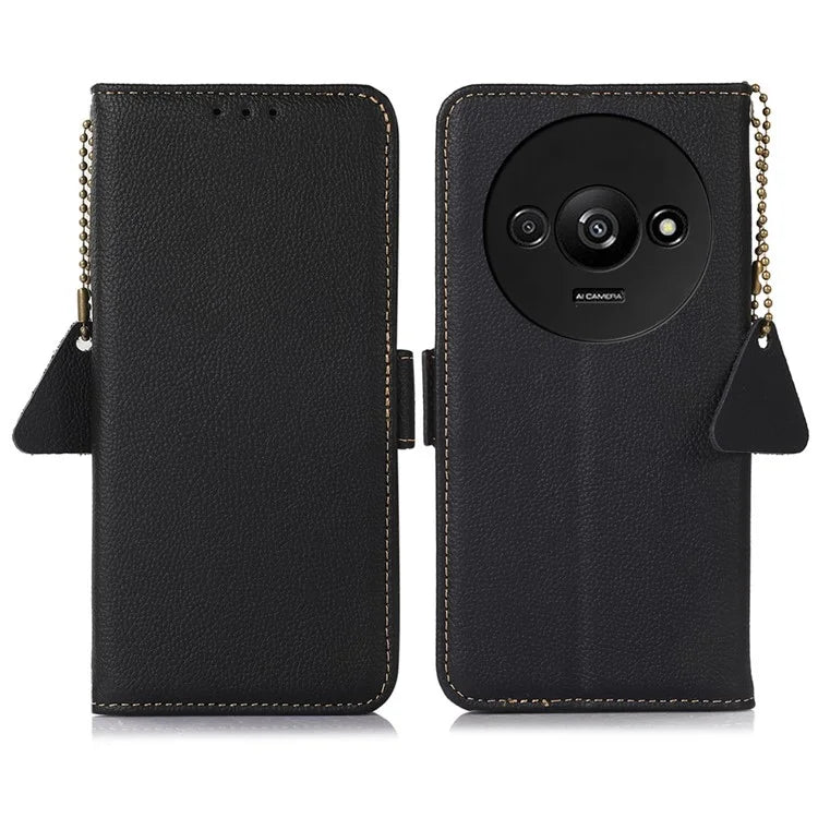 TJ For Xiaomi Redmi A3 / Poco C61 4G Case RFID Blocking Genuine Cow Leather Phone Stand Cover
