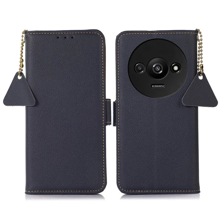 TJ For Xiaomi Redmi A3 / Poco C61 4G Case RFID Blocking Genuine Cow Leather Phone Stand Cover