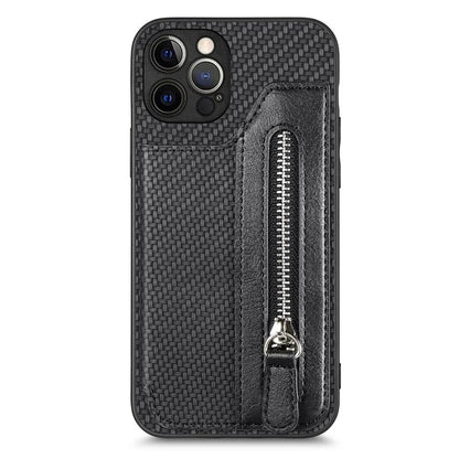 C1-04 For iPhone 12 Pro Max Wallet Case Leather Coated PC+TPU Phone Cover Carbon Fiber Texture