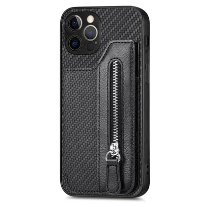 C1-04 For iPhone 12 Pro Max Wallet Case Leather Coated PC+TPU Phone Cover Carbon Fiber Texture