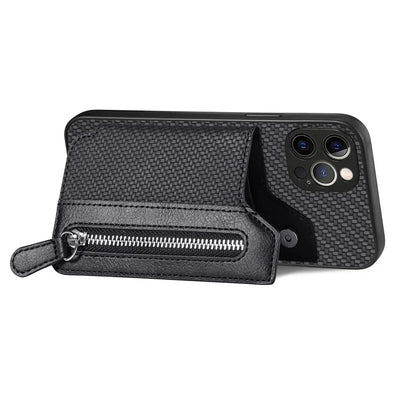 C1-04 For iPhone 12 Pro Max Wallet Case Leather Coated PC+TPU Phone Cover Carbon Fiber Texture