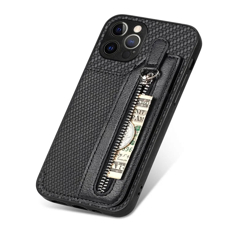 C1-04 For iPhone 12 Pro Max Wallet Case Leather Coated PC+TPU Phone Cover Carbon Fiber Texture