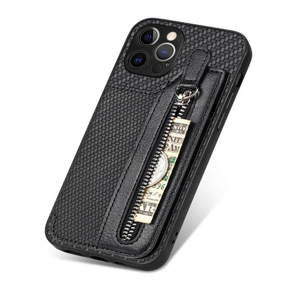 C1-04 For iPhone 12 Pro Max Wallet Case Leather Coated PC+TPU Phone Cover Carbon Fiber Texture