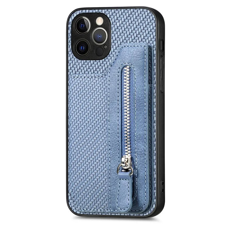 C1-04 For iPhone 12 Pro Max Wallet Case Leather Coated PC+TPU Phone Cover Carbon Fiber Texture