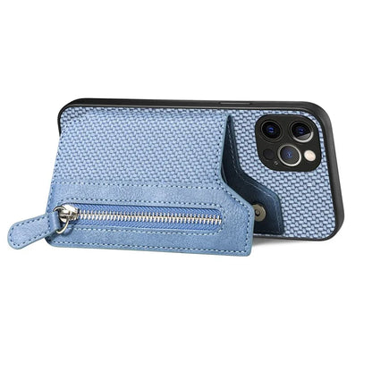 C1-04 For iPhone 12 Pro Max Wallet Case Leather Coated PC+TPU Phone Cover Carbon Fiber Texture