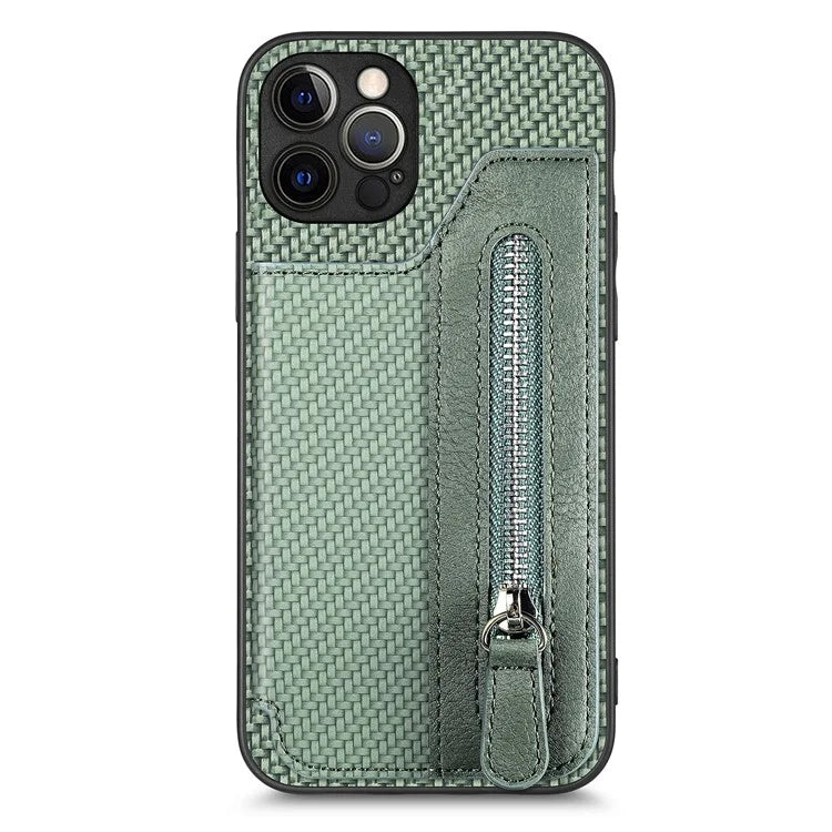C1-04 For iPhone 12 Pro Max Wallet Case Leather Coated PC+TPU Phone Cover Carbon Fiber Texture