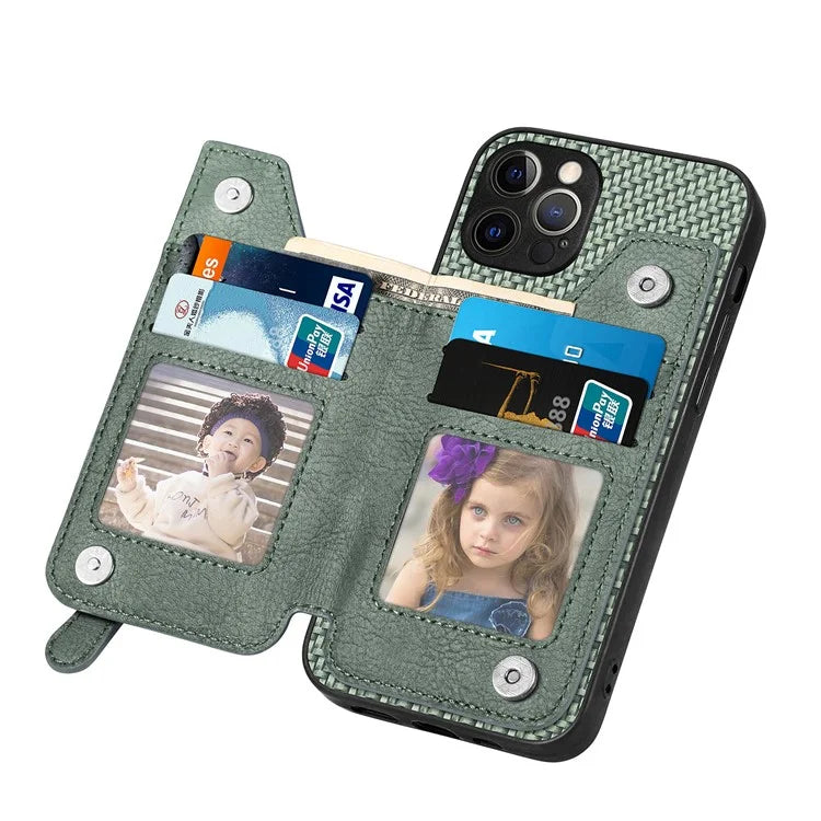 C1-04 For iPhone 12 Pro Max Wallet Case Leather Coated PC+TPU Phone Cover Carbon Fiber Texture