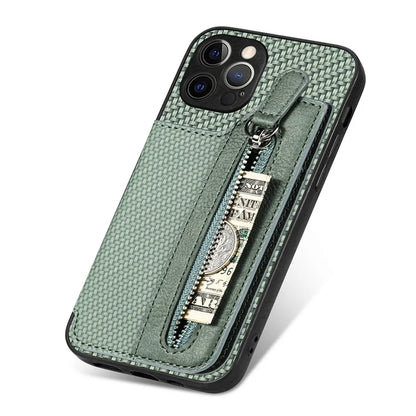 C1-04 For iPhone 12 Pro Max Wallet Case Leather Coated PC+TPU Phone Cover Carbon Fiber Texture