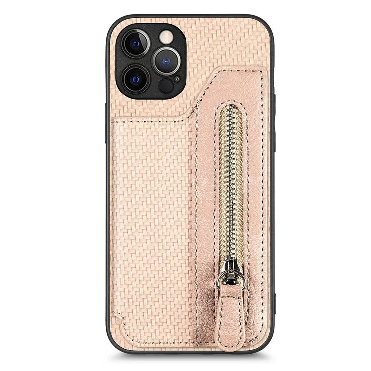 C1-04 For iPhone 12 Pro Max Wallet Case Leather Coated PC+TPU Phone Cover Carbon Fiber Texture