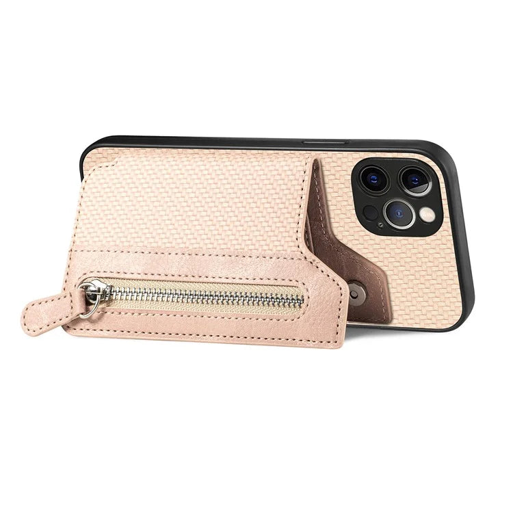 C1-04 For iPhone 12 Pro Max Wallet Case Leather Coated PC+TPU Phone Cover Carbon Fiber Texture