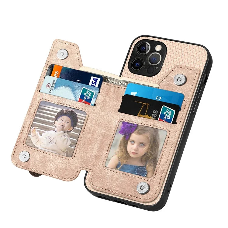 C1-04 For iPhone 12 Pro Max Wallet Case Leather Coated PC+TPU Phone Cover Carbon Fiber Texture