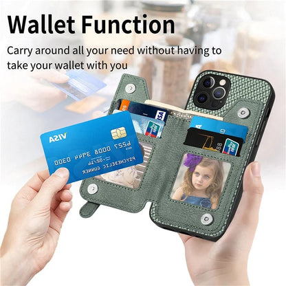 C1-04 For iPhone 12 Pro Max Wallet Case Leather Coated PC+TPU Phone Cover Carbon Fiber Texture