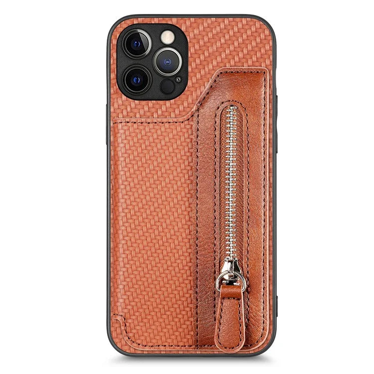 C1-04 For iPhone 12 Pro Max Wallet Case Leather Coated PC+TPU Phone Cover Carbon Fiber Texture