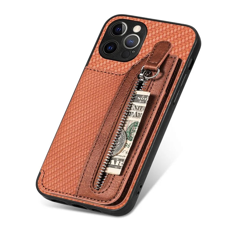 C1-04 For iPhone 12 Pro Max Wallet Case Leather Coated PC+TPU Phone Cover Carbon Fiber Texture