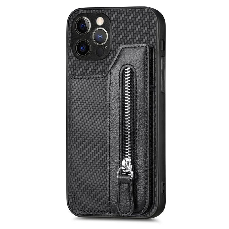 C1-04 For iPhone 12 Pro Kickstand Case Carbon Fiber Texture PU+PC+TPU Wallet Phone Cover