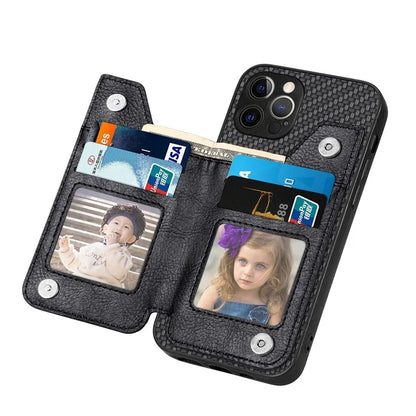 C1-04 For iPhone 12 Pro Kickstand Case Carbon Fiber Texture PU+PC+TPU Wallet Phone Cover