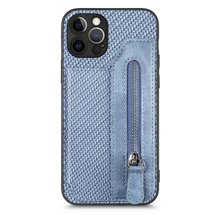 C1-04 For iPhone 12 Pro Kickstand Case Carbon Fiber Texture PU+PC+TPU Wallet Phone Cover