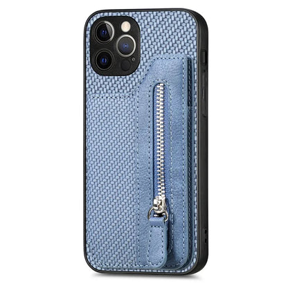 C1-04 For iPhone 12 Pro Kickstand Case Carbon Fiber Texture PU+PC+TPU Wallet Phone Cover