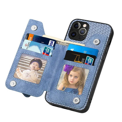 C1-04 For iPhone 12 Pro Kickstand Case Carbon Fiber Texture PU+PC+TPU Wallet Phone Cover