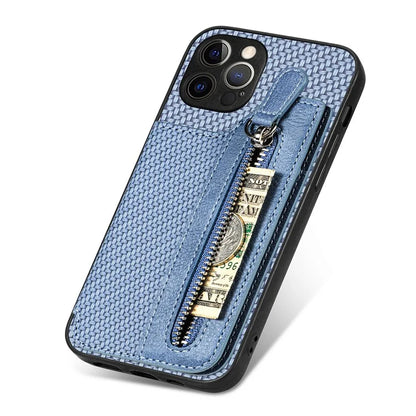 C1-04 For iPhone 12 Pro Kickstand Case Carbon Fiber Texture PU+PC+TPU Wallet Phone Cover