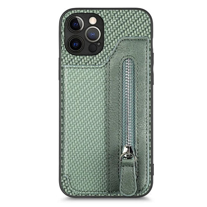 C1-04 For iPhone 12 Pro Kickstand Case Carbon Fiber Texture PU+PC+TPU Wallet Phone Cover