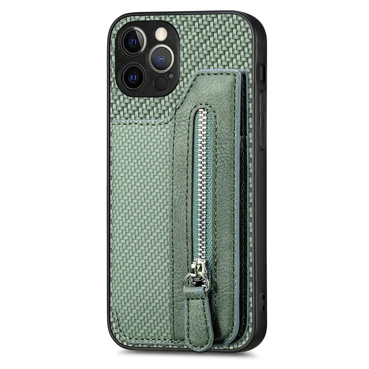 C1-04 For iPhone 12 Pro Kickstand Case Carbon Fiber Texture PU+PC+TPU Wallet Phone Cover