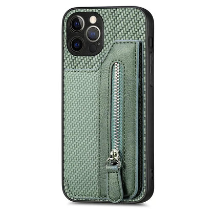 C1-04 For iPhone 12 Pro Kickstand Case Carbon Fiber Texture PU+PC+TPU Wallet Phone Cover