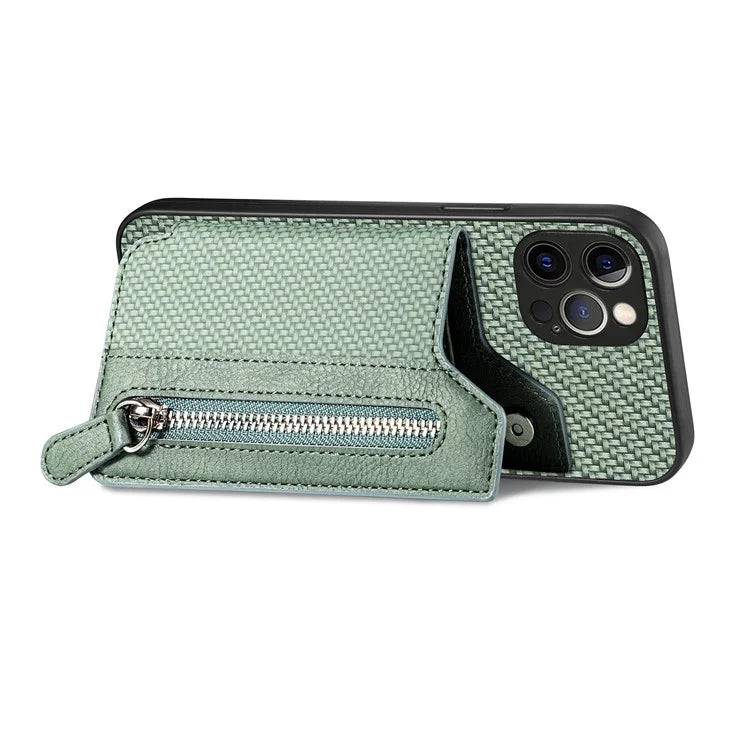 C1-04 For iPhone 12 Pro Kickstand Case Carbon Fiber Texture PU+PC+TPU Wallet Phone Cover