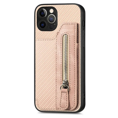 C1-04 For iPhone 12 Pro Kickstand Case Carbon Fiber Texture PU+PC+TPU Wallet Phone Cover