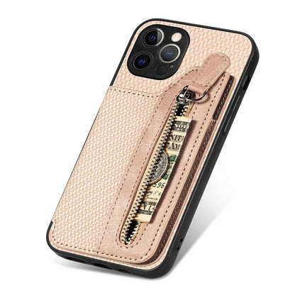 C1-04 For iPhone 12 Pro Kickstand Case Carbon Fiber Texture PU+PC+TPU Wallet Phone Cover