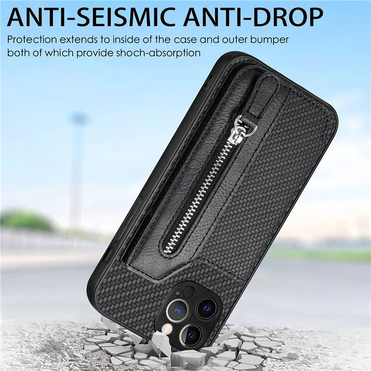 C1-04 For iPhone 12 Pro Kickstand Case Carbon Fiber Texture PU+PC+TPU Wallet Phone Cover