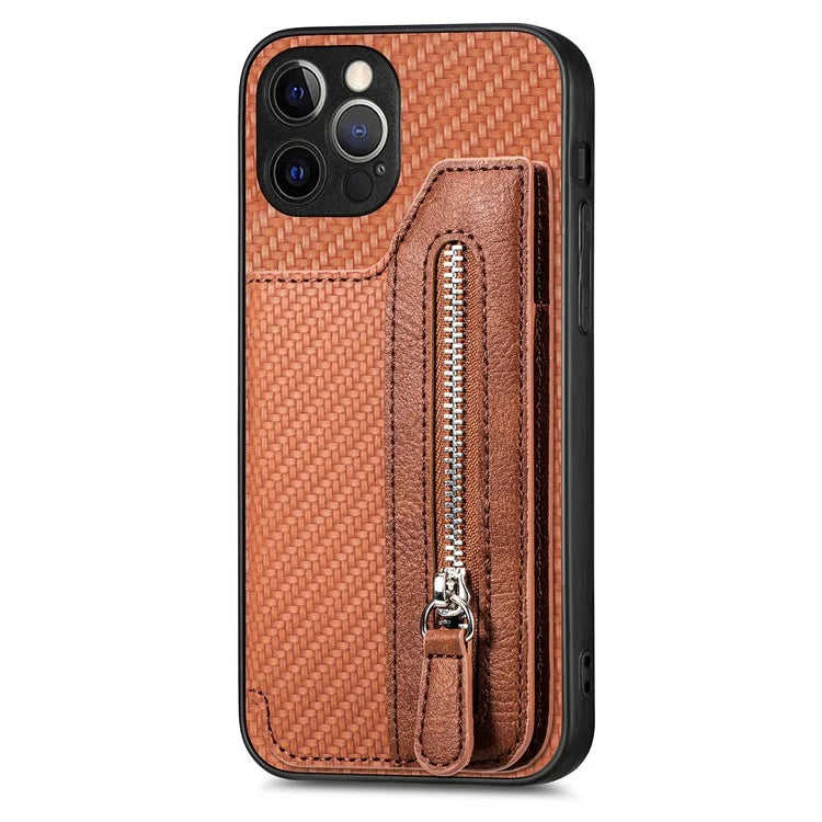 C1-04 For iPhone 12 Pro Kickstand Case Carbon Fiber Texture PU+PC+TPU Wallet Phone Cover