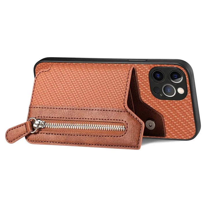 C1-04 For iPhone 12 Pro Kickstand Case Carbon Fiber Texture PU+PC+TPU Wallet Phone Cover