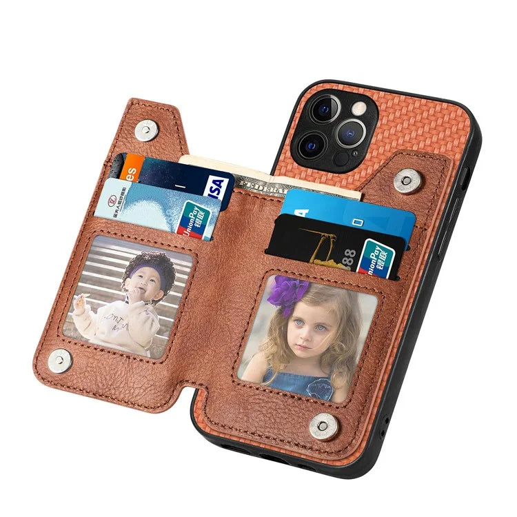 C1-04 For iPhone 12 Pro Kickstand Case Carbon Fiber Texture PU+PC+TPU Wallet Phone Cover