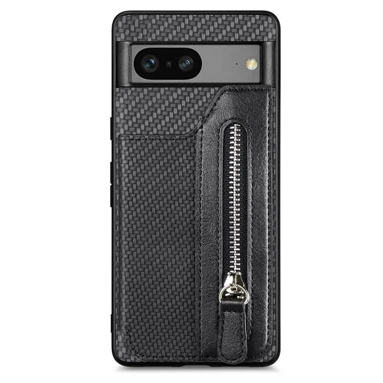 C1-04 For Google Pixel 7a Case Zipper Kickstand Leather Carbon Fiber Texture Back Cover