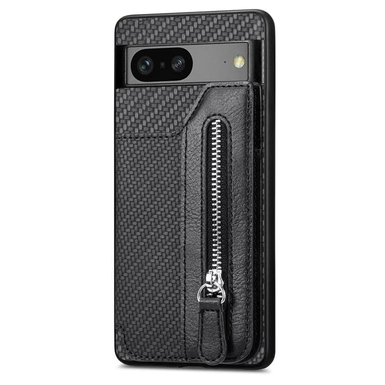 C1-04 For Google Pixel 7a Case Zipper Kickstand Leather Carbon Fiber Texture Back Cover