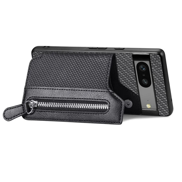 C1-04 For Google Pixel 7a Case Zipper Kickstand Leather Carbon Fiber Texture Back Cover