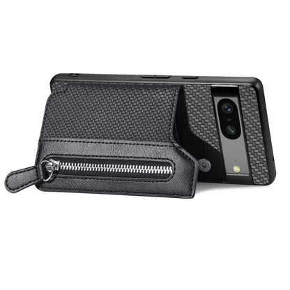 C1-04 For Google Pixel 7a Case Zipper Kickstand Leather Carbon Fiber Texture Back Cover