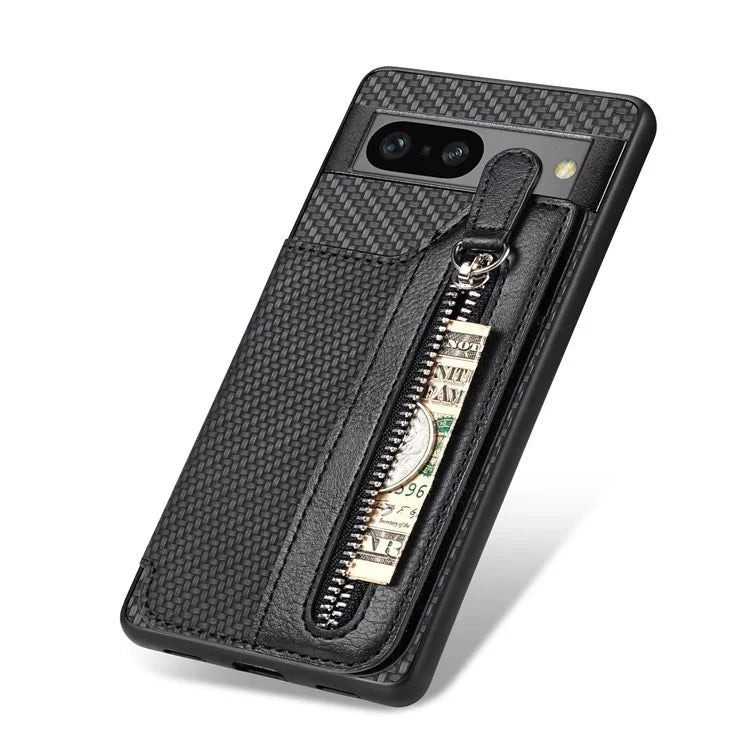 C1-04 For Google Pixel 7a Case Zipper Kickstand Leather Carbon Fiber Texture Back Cover
